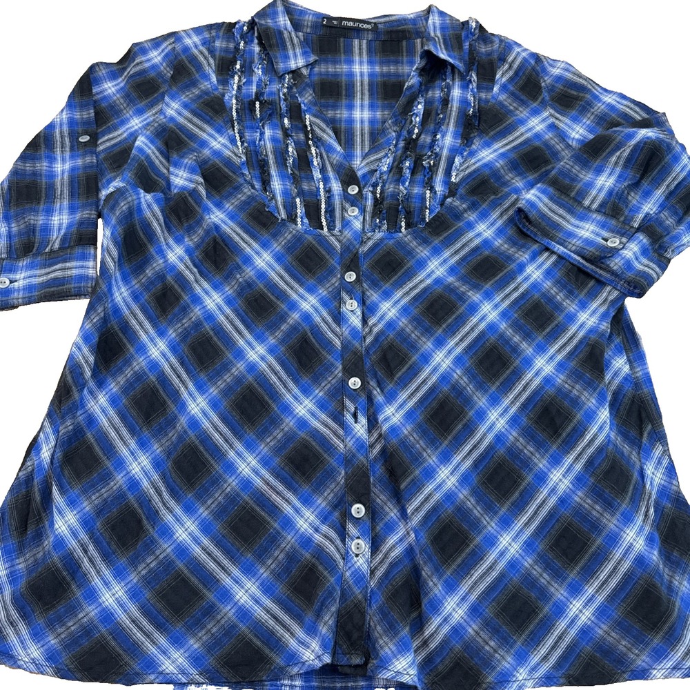 17s- Womens Maurice's 2X 2/3 Sleeve Plaid Black White Country Dress Top
